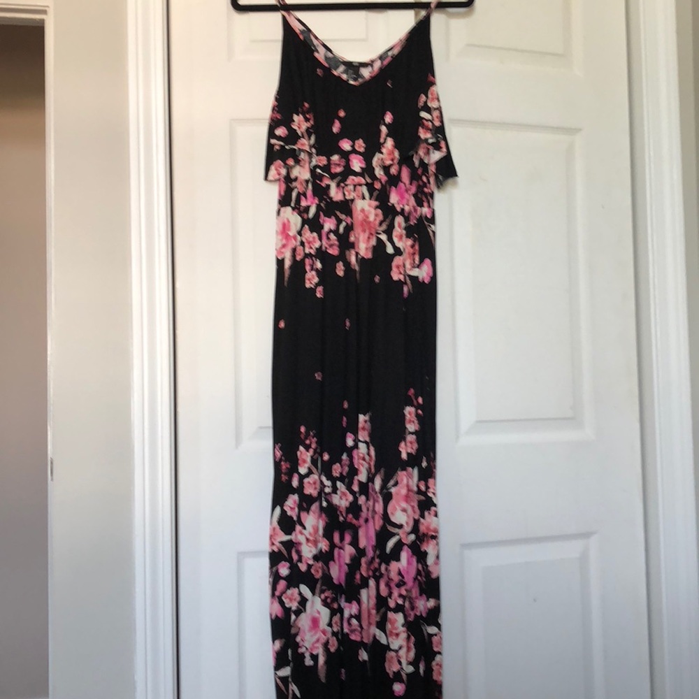 Black & Pink Floral Spaghetti Strap Maxi w/ Ruffle